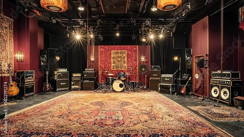Spacious recording studio with vintage amps, drum kit, and ornate rug