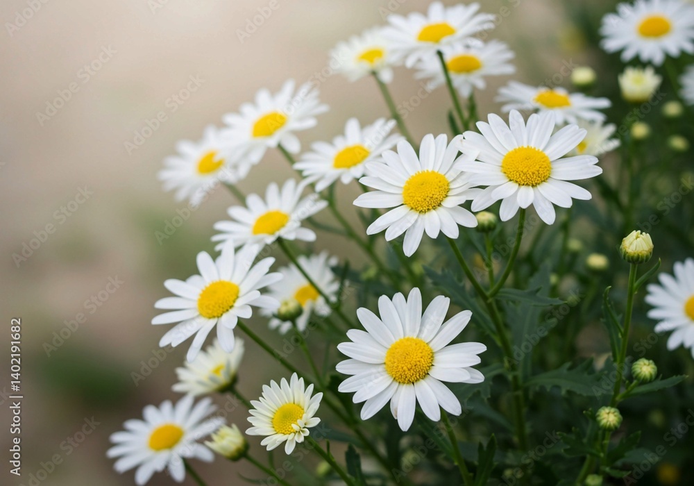 With bright yellow centers and green stems, a cheerful cluster of white daisies is captured with a shallow depth of field in a natural setting With bright yellow centers and green stems, a cheerful cluster of white daisies is captured with a shallow depth of field in a natural setting