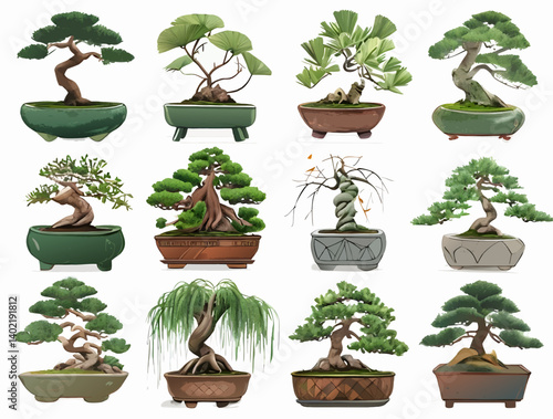 set of bonsai trees with pots