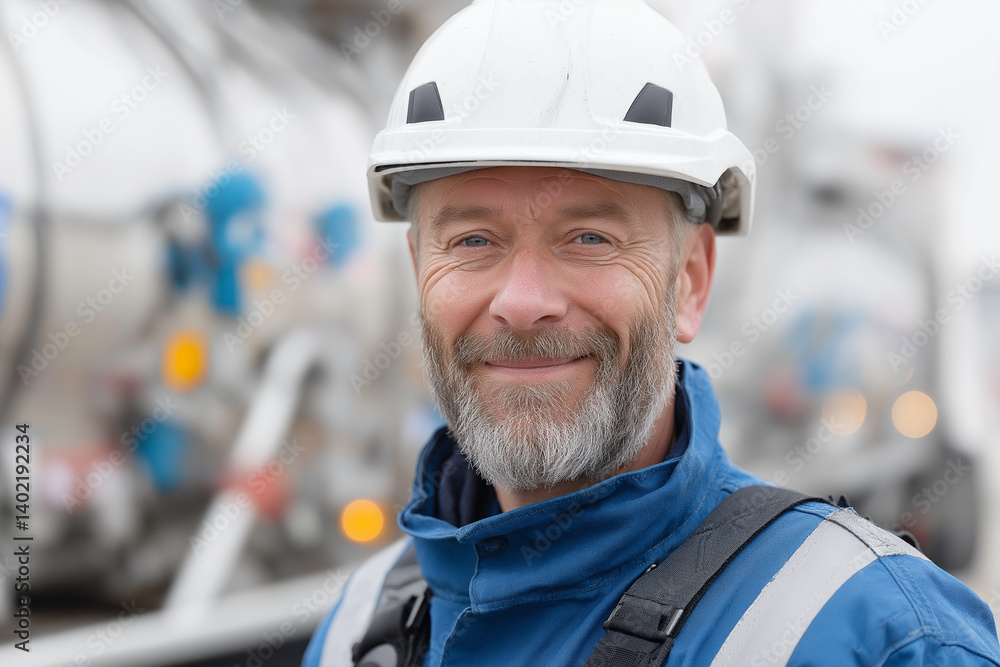 A portrait of an industrial worker in blue overalls and a white helmet, standing next to his large truck with a stainless steel tank. He is smiling at the camera, A portrait of an industrial worker in blue overalls and a white helmet, standing next to his large truck with a stainless steel tank. He is smiling at the camera,