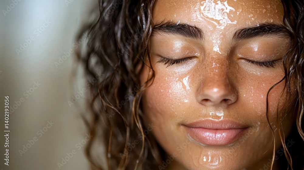 Fototapeta premium A woman with damp hair splashes water on her face, eyes closed and smiling subtly as morning light enhances her fresh, glowing skin during her skincare ritual