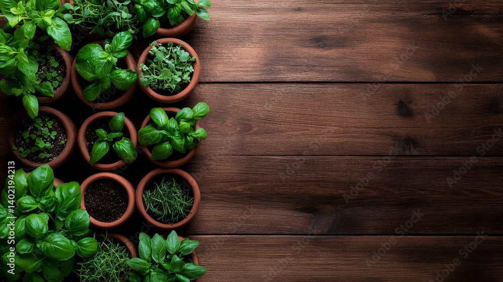Small clay pots containing vibrant culinary herbs are arranged neatly on a rustic wooden surface, showcasing a variety of green plants and textures Small clay pots containing vibrant culinary herbs are arranged neatly on a rustic wooden surface, showcasing a variety of green plants and textures