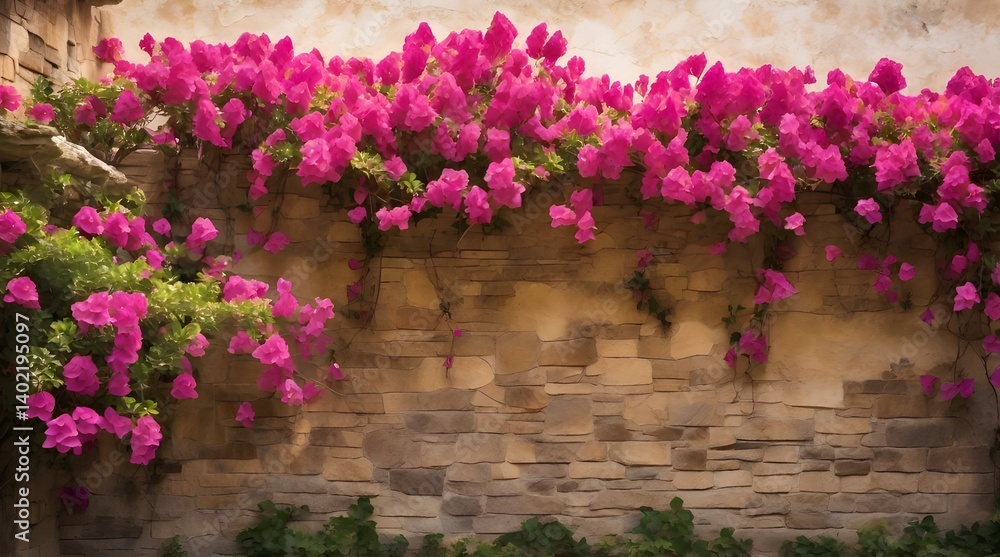 Vibrant bougainvillea flowers cascading over a rustic wall creating a picturesque.generative.ai