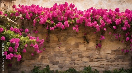 Obraz na płótnie Vibrant bougainvillea flowers cascading over a rustic wall creating a picturesque.generative.ai w salonie
