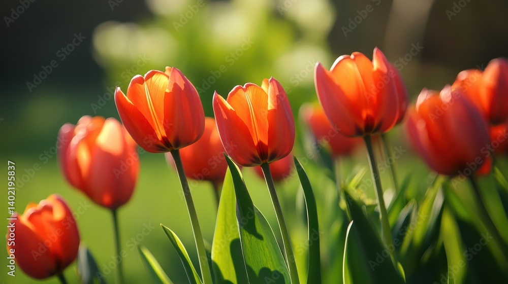 Obraz premium Tulips in a garden with sunlight.
