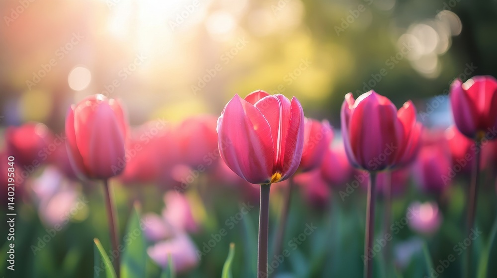 Fototapeta premium Tulips in a garden with sunlight.