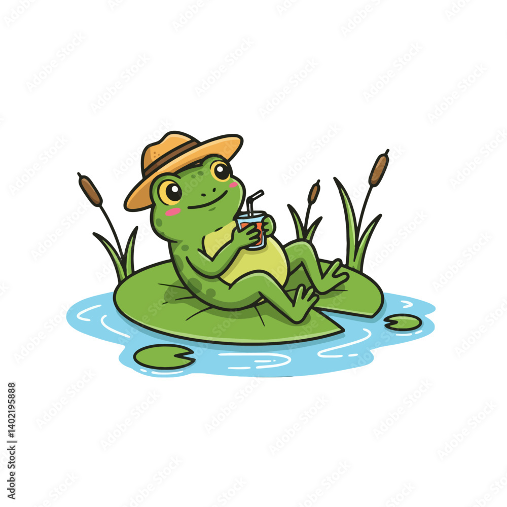 Obraz premium Cute cartoon frog relaxing on a lily pad with a drink in the summer