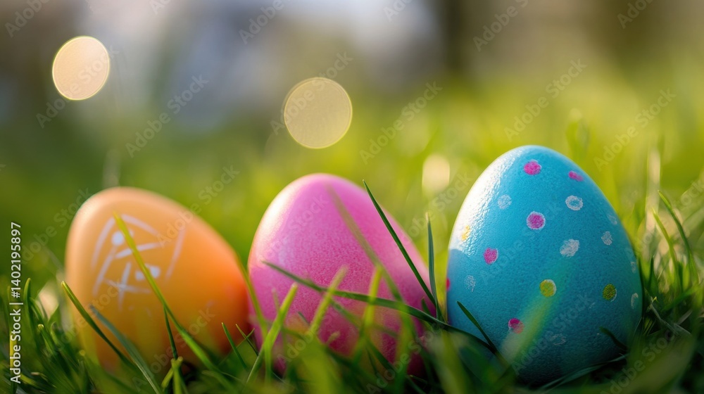 A bunny with Easter eggs in a field. A bunny with Easter eggs in a field.