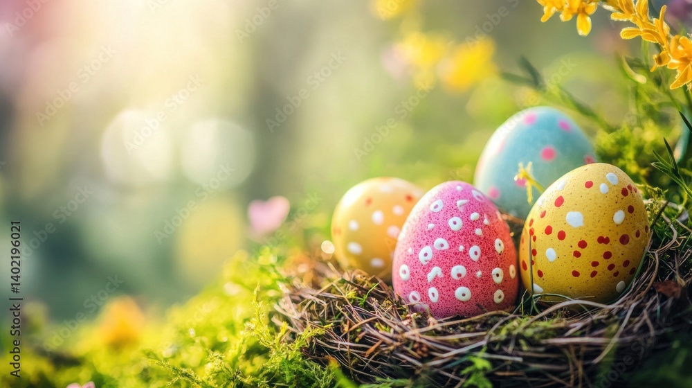 A bunny with Easter eggs in a field. A bunny with Easter eggs in a field.