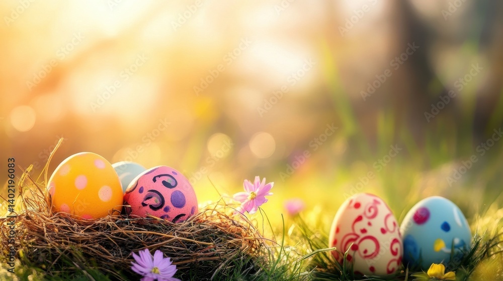 A bunny with Easter eggs in a field. A bunny with Easter eggs in a field.
