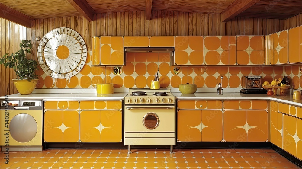 Retro 1970s Kitchen Interior Design: Orange and Yellow Geometric Style