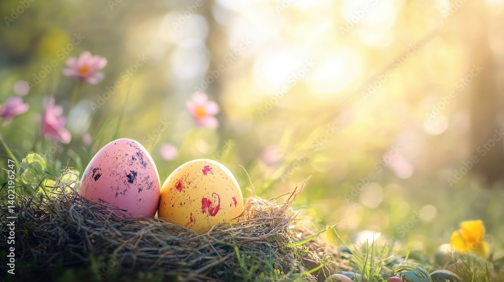 A bunny with Easter eggs in a field.