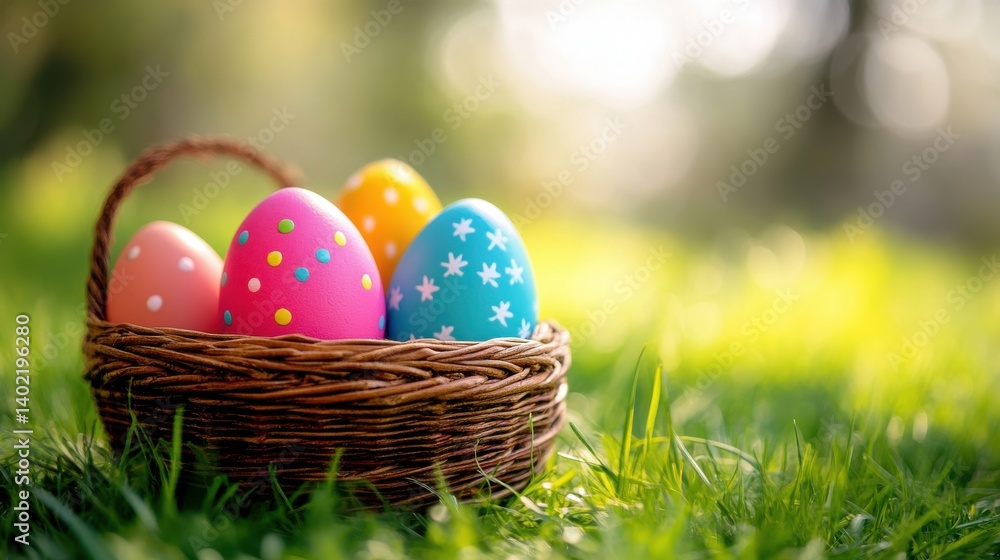 A bunny with Easter eggs in a field. A bunny with Easter eggs in a field.