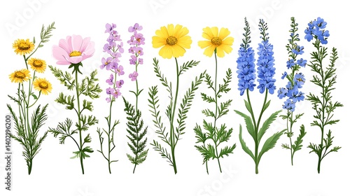 Fototapeta Naklejka Na Ścianę i Meble -  Watercolor Wildflowers and Ferns Illustration, A watercolor illustration of various wildflowers and ferns against a white background