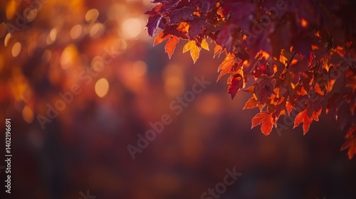 Vibrant red and yellow maple leaves float gracefully amidst a serene bokeh background, capturing the essence of autumn with a gentle warmth