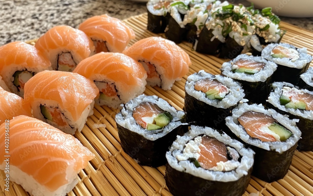 Close Up Assorted Sushi Salmon Avocado Rolls Close Up Assorted Sushi Salmon Avocado Rolls