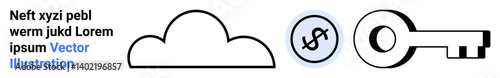 Cloud icon alongside a coin and key, symbolizing digital security, financial access, and storage. Ideal for fintech, SaaS, cybersecurity, online banking, web services ecommerce simple landing page