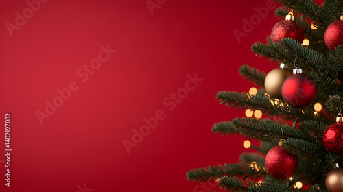 A beautifully decorated Christmas tree adorned with shimmering ornaments and soft lights stands against a rich red backdrop, creating a festive and joyful holiday atmosphere.
