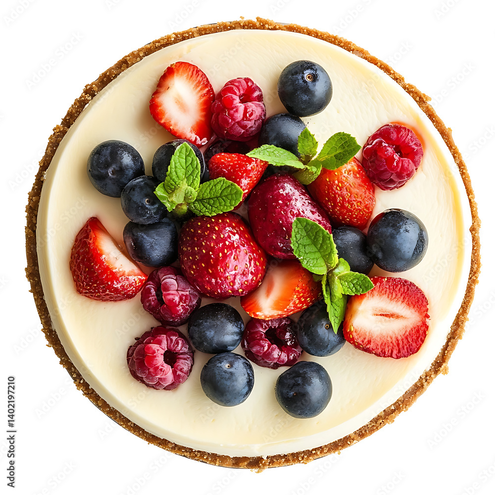 Obraz premium Smooth and creamy cheesecake with a graham cracker crust and fresh fruit topping, isolated white background, modern art style