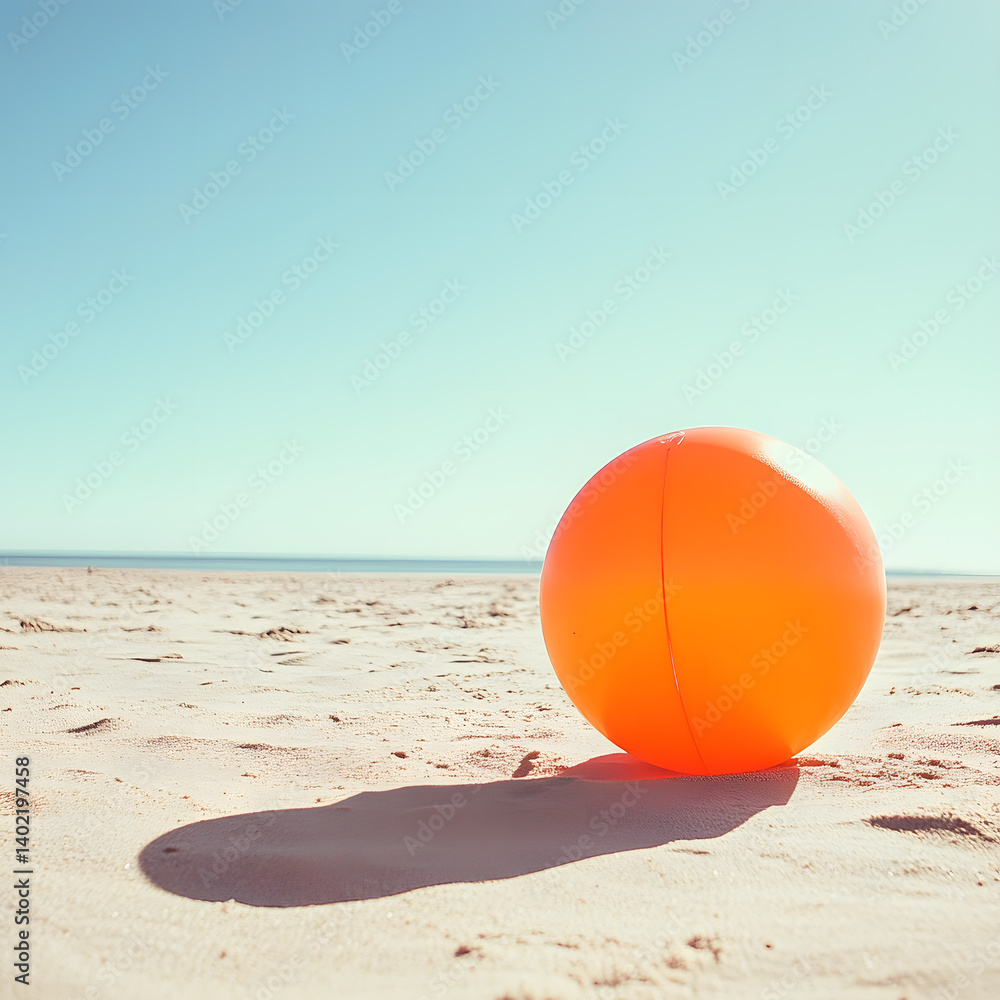 Obraz premium Orange Beach Ball: A vibrant orange beach ball rests on a sandy beach under a clear blue sky, evoking feelings of summer fun and relaxation.