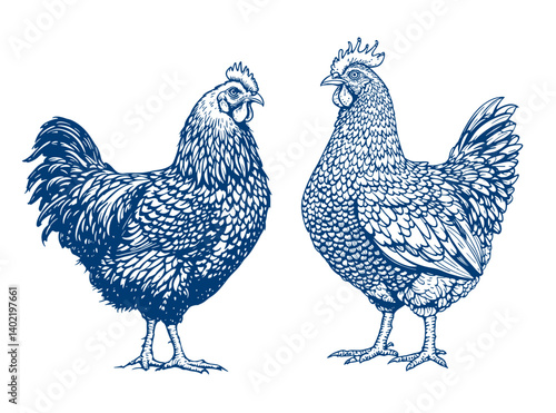 chickens and rooster. Decorative bird hen silhouette pattern realistic engrave. Farm animal logo. Vector illustration of a poultry in vintage style