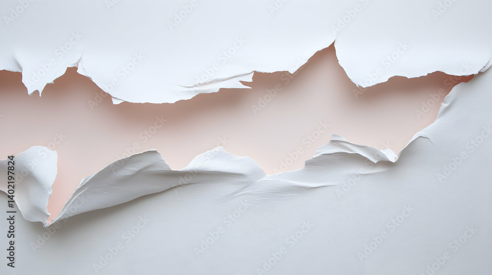 A close-up of torn white paper revealing soft pink underneath A close-up of torn white paper revealing soft pink underneath