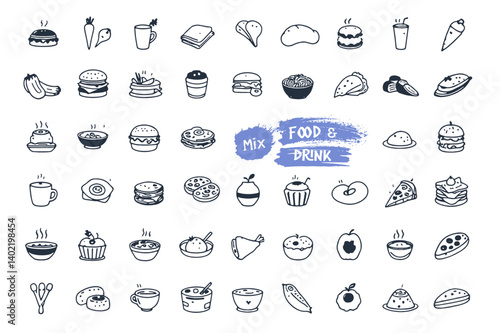 Vector illustration of food and drink icons.