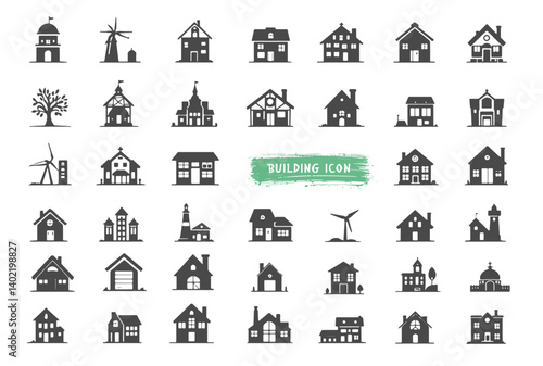 set of  icons about the city building. Contains such icons as apartments, office, bank, hospital, buildings, skyscraper, mall and park