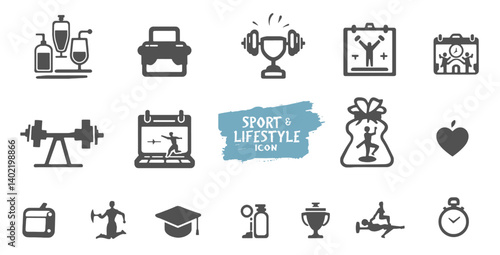 Healthy lifestyle icon set. Contains such Icons as diet, exercise, sleep, running, routine, gym, nutrition, cardio exercises, sports supplements, yoga, self-care, culture and hobbies icons
