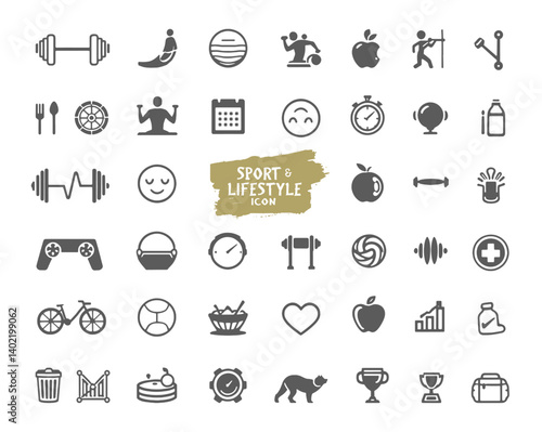 Healthy lifestyle icon set. Contains such Icons as diet, exercise, sleep, running, routine, gym, nutrition, cardio exercises, sports supplements, yoga, self-care, culture and hobbies icons
