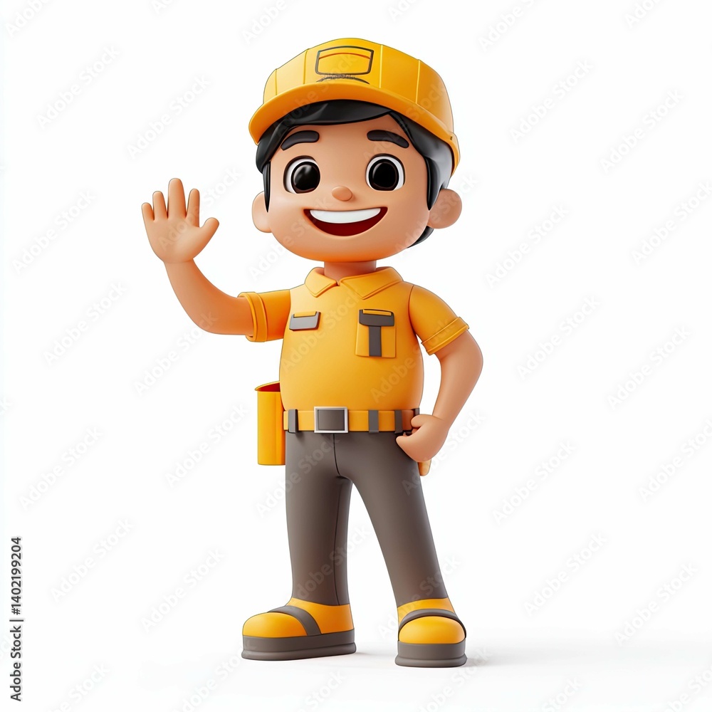 Smiling Cartoon Boy Construction Worker Waving, 3D Render Smiling Cartoon Boy Construction Worker Waving, 3D Render