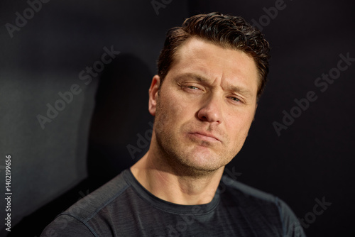 Studio shot of pensive man looking away.