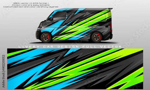 Modern Van Livery Design  Full Vector Wrap in EPS Format
High-quality car wrap design for vans, featuring a bold and aggressive style with sharp lightning patterns. The color scheme includes neon 