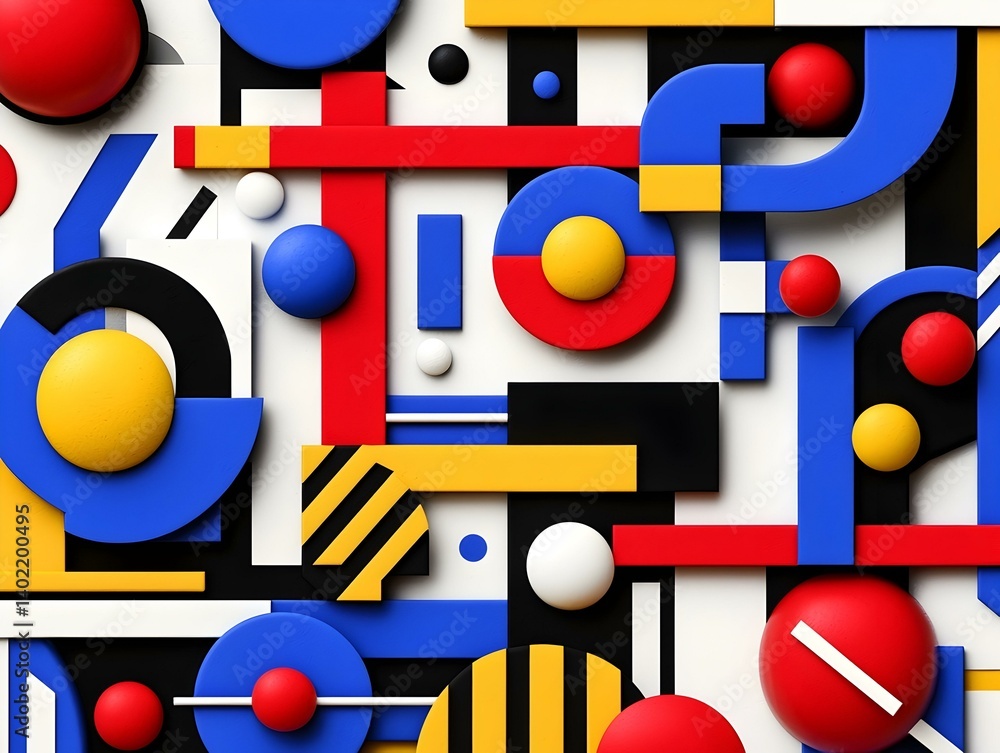 Abstract geometric composition with vibrant red, yellow, blue, and black shapes. Modern art style background. Abstract geometric composition with vibrant red, yellow, blue, and black shapes. Modern art style background.