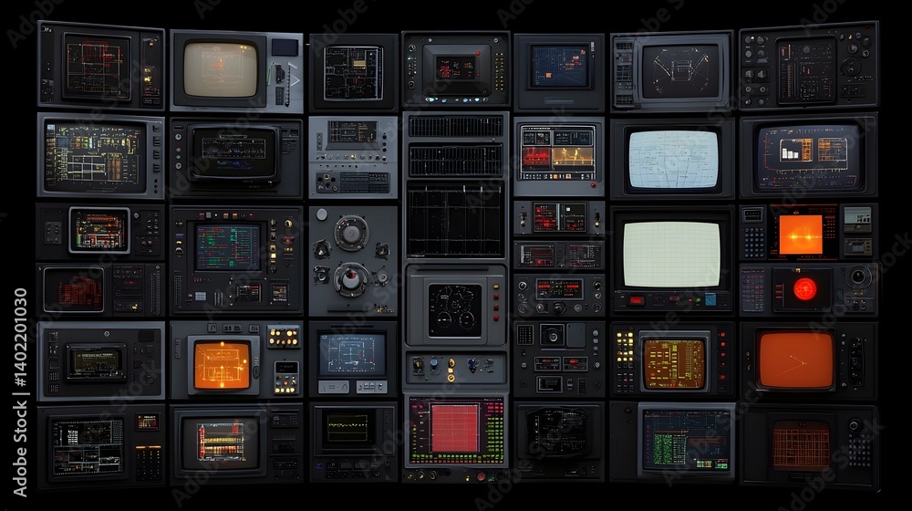 © fara - Retrofuturistic Control Panel Wall A collage of vintage-style monitors and control panels, perfect for sci-fi, technology, and retro themes.