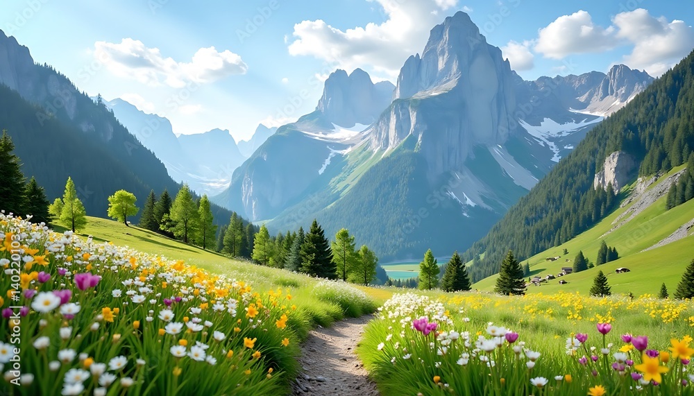 Fototapeta premium Mountain View with Vibrant Spring Flowers in Full Bloom