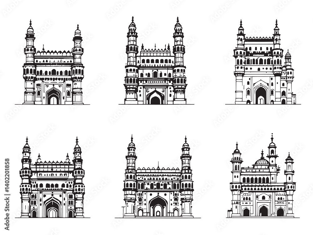 Fototapeta premium Charminar Clean Drawing Set Historical Outline Art