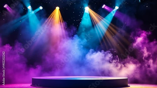 Illuminated stage with colorful spotlights shining down through haze against starry dark background with round podium