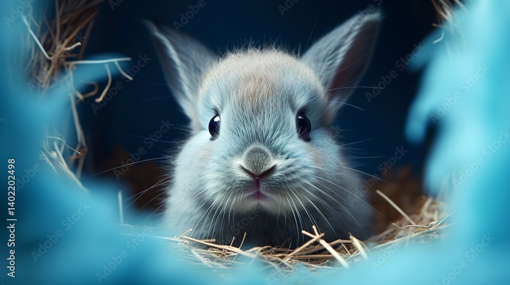 Adorable baby bunny peering from its cozy hay nest a captivating close up shot with soft blue tones and a dark background Adorable baby bunny peering from its cozy hay nest a captivating close up shot with soft blue tones and a dark background