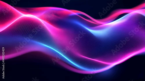 Abstract flowing waves of vibrant pink and blue light against a dark background