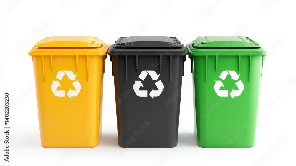 Collection of three recycling bins in different colors (black, green and yellow) isolated on a white background. Collection of three recycling bins in different colors (black, green and yellow) isolated on a white background.