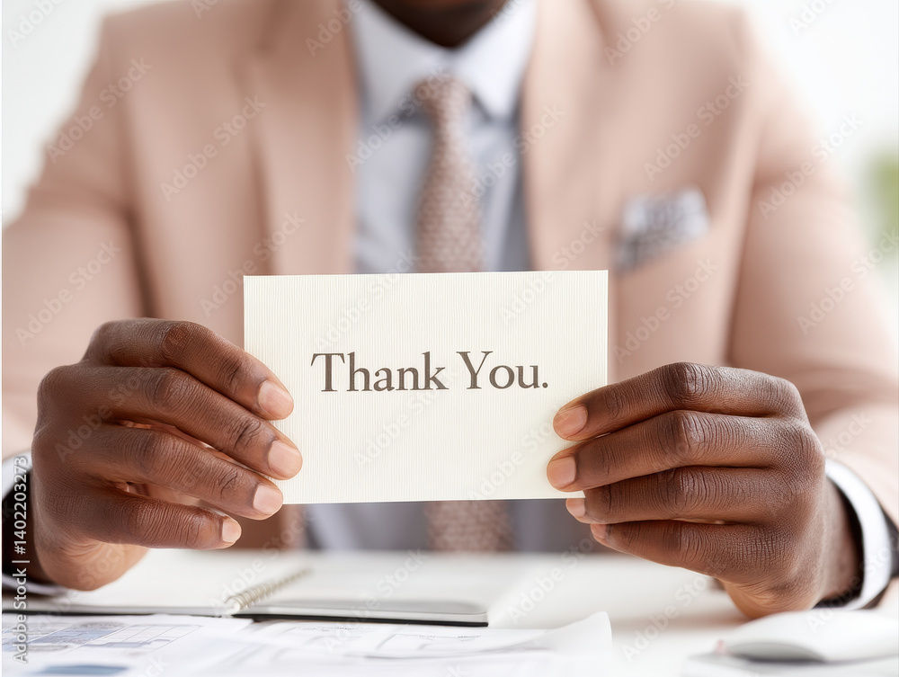 Thank you card held by man in suit expressing gratitude during summer. warm atmosphere enhances appreciation felt in this moment Thank you card held by man in suit expressing gratitude during summer. warm atmosphere enhances appreciation felt in this moment