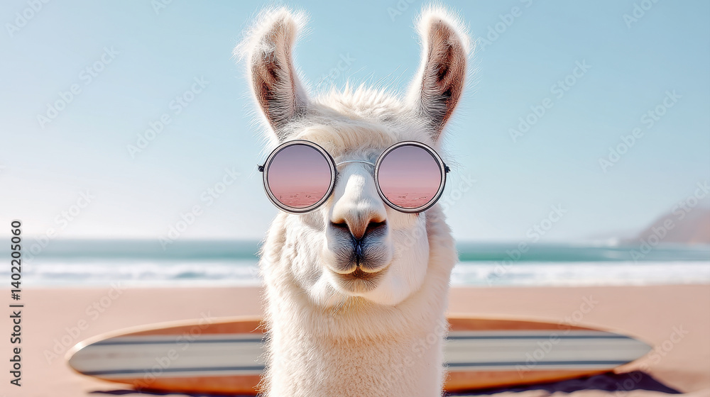 Fototapeta premium stylish llama enjoys sunny summer day at beach wearing trendy sunglasses with surfboards in background creating fun atmosphere