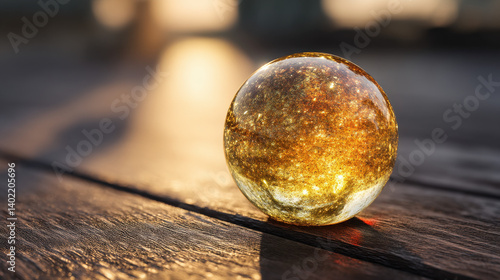 A translucent orb filled with golden mist and micro-glitters, sitting on a reflective dark wood surface, evening sun casting elongated amber shadows