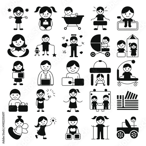 Cute Cartoon Children Icons for Baby Products or Childcare/A collection of simple, black and white cartoon illustrations of children in various activities and settings.
