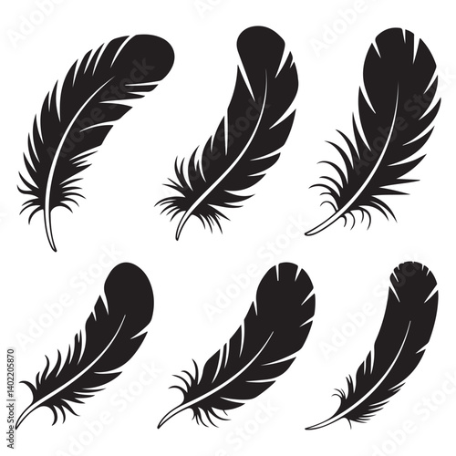soft bird plumage set. Big set of bird feathers design. fluffy swan. Pen icons design. set of bird feathers design Vector Black silhouettes. with white background