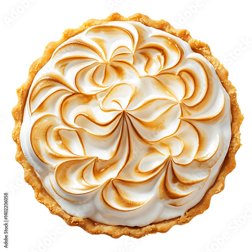 Smooth and creamy lemon meringue pie with a golden crust and fluffy meringue topping, isolated white background, modern art style