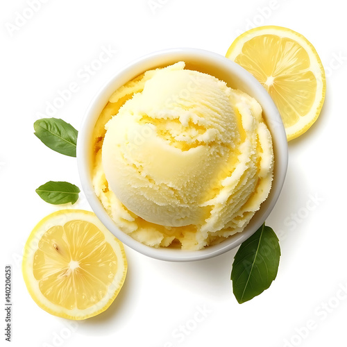 Smooth and creamy lemon sorbet with a refreshing tart flavor and a smooth texture, isolated white background, modern art style