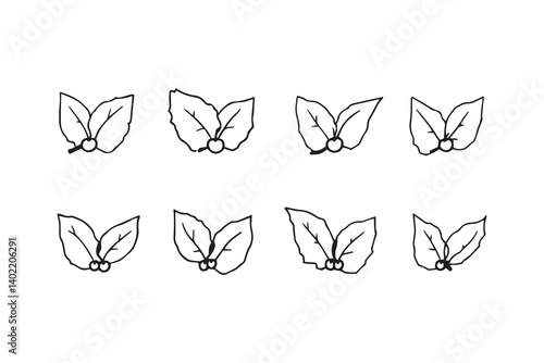 Set of 6 pec in two row  Cherry  Leaf line art on white background