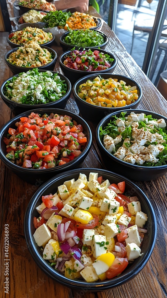 Buffet Salads on Wooden Bar Buffet Salads on Wooden Bar